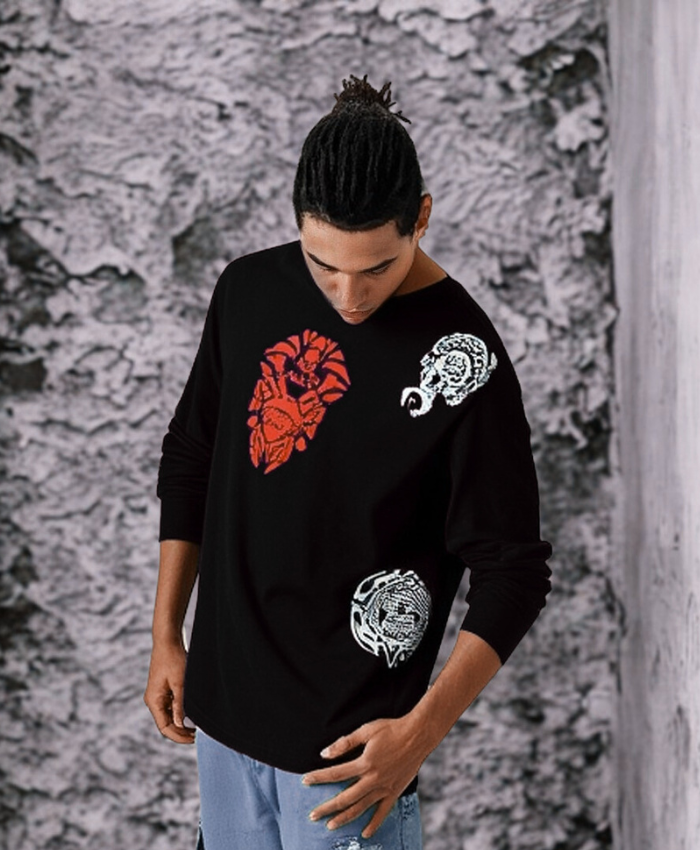 Exklusives schwarzes Langarm-T-Shirt für Herren, Ancestors-Designkollektion