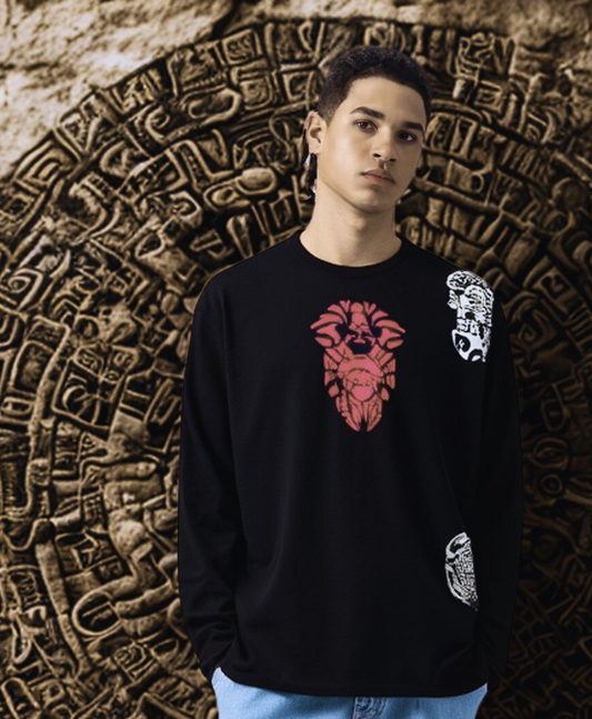 Exklusives schwarzes Langarm-T-Shirt für Herren, Ancestors-Designkollektion